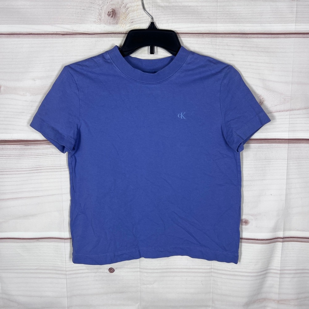 Calvin Klein T-Shirt Women XS Blue Short Sleeve Logo Crew Neck Cotton Y2K Crop